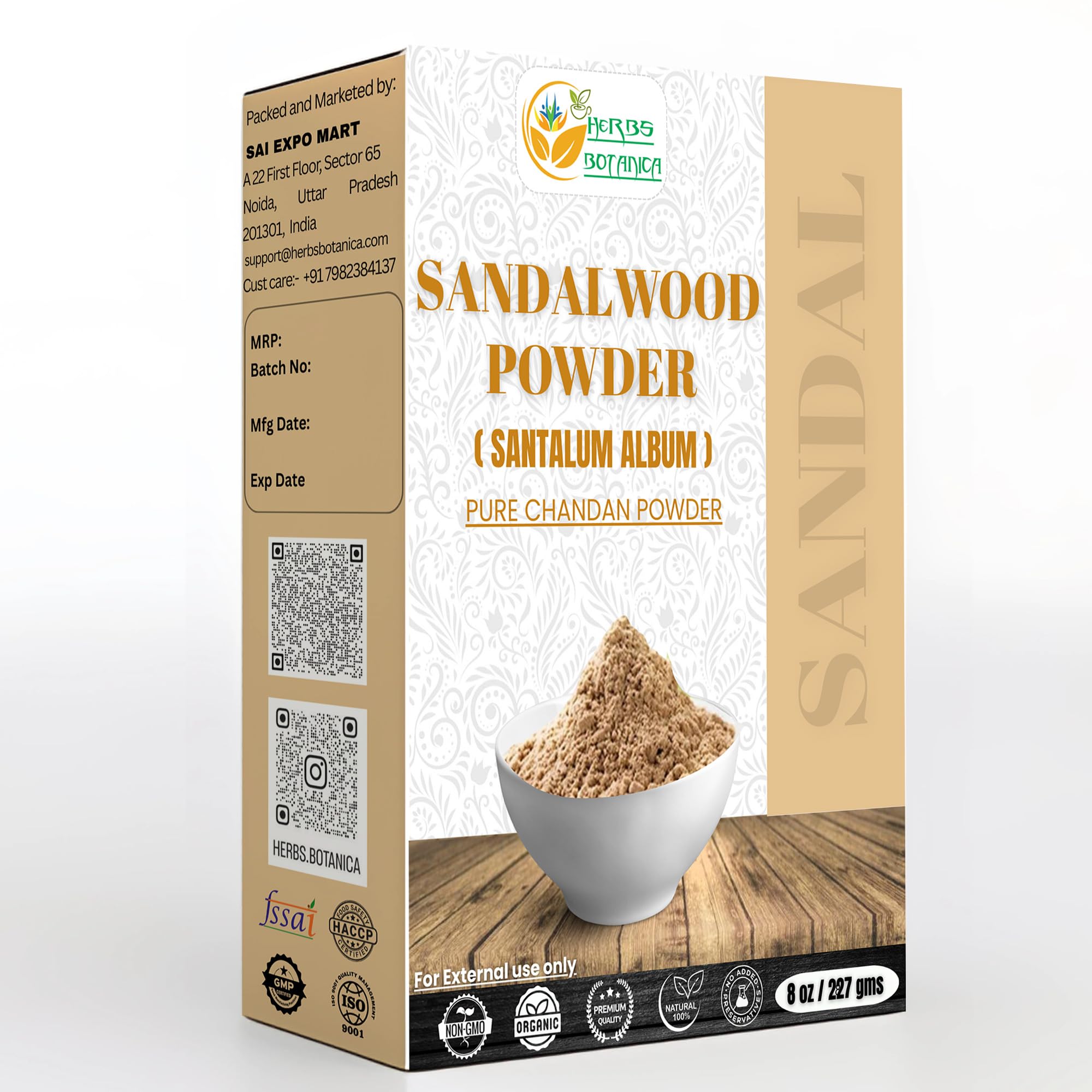 Herbs Botanica Chandan Sandalwood Powder Organic 227gm / 8 oz For Skin, Face Pack, Face Mask, Worship Tilak, Auspicious Occasions 100% Natural, Soothing, Cleansing, Wrinkles