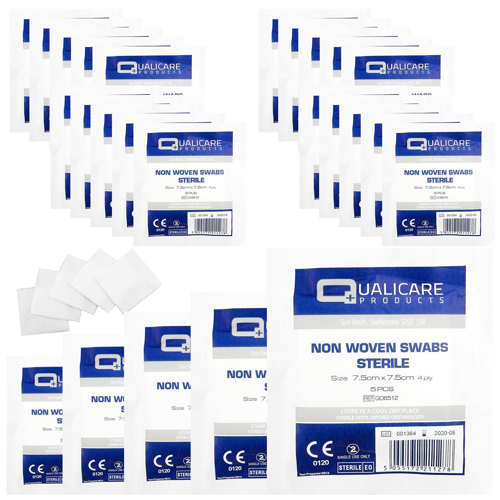 Qualicare None Woven 4PLY Sterile Gauze Medical Swabs Single Pack, 7.5cm x 7.5cm Sqaure - 25 Pack (125 Swabs)