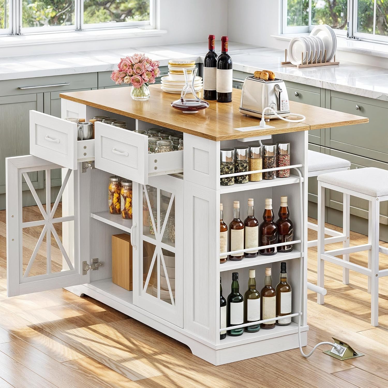 Photo 1 of ***PARTS ONLY***
DWVO 3 PCS Kitchen Island with Drop Leaf, Mobile Storage Island with Seating, Rolling Dinning Table Set with 2 Bar Stools & Power Outlet, Bar Island Cart on Wheels, 2 Footrest & Spice Rack, White