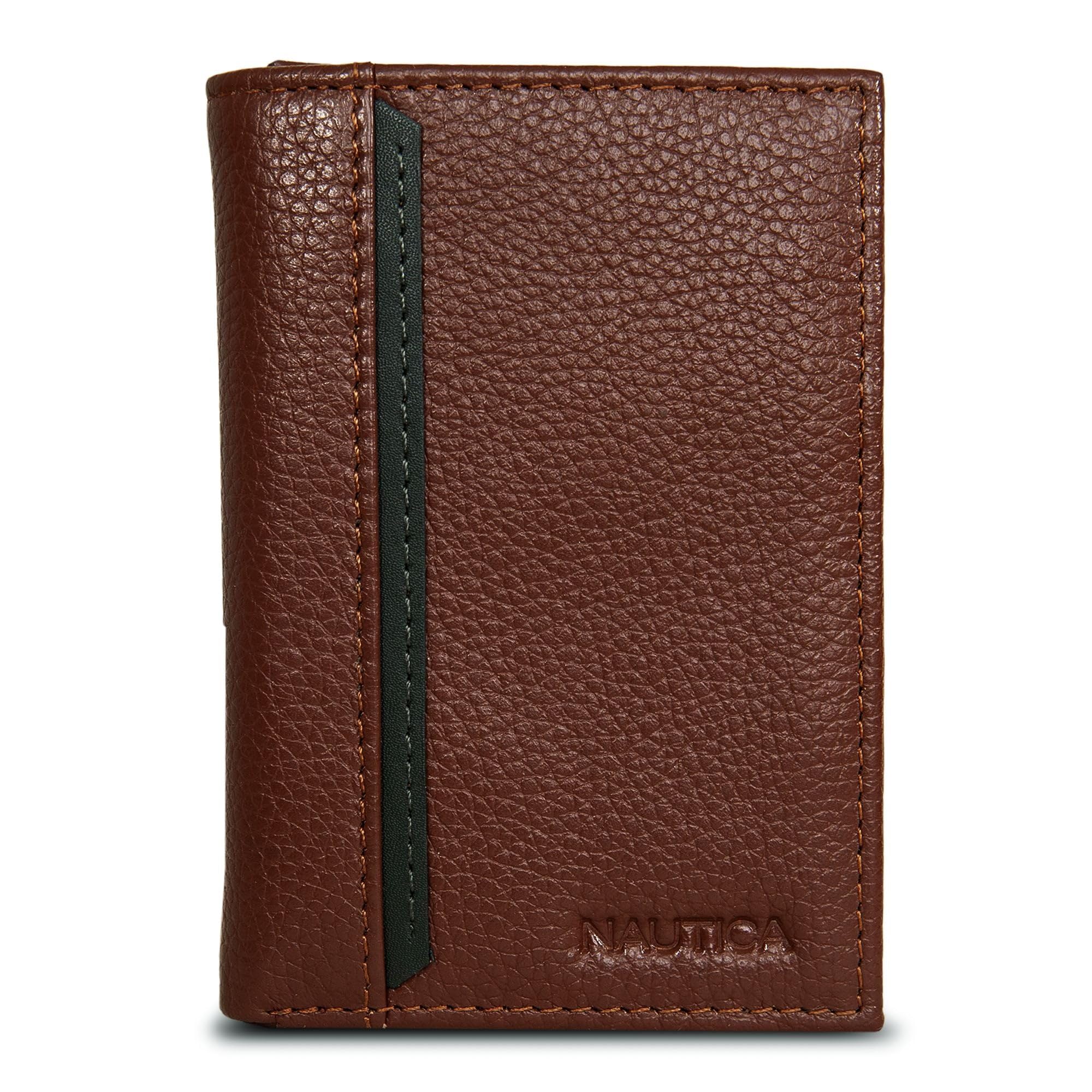 Nautica Men's Trifold Wallet | RFID Blocking Protection | ID Window | Card Slots | Genuine Leather | Durable, Pop Color Tab - Tan Image