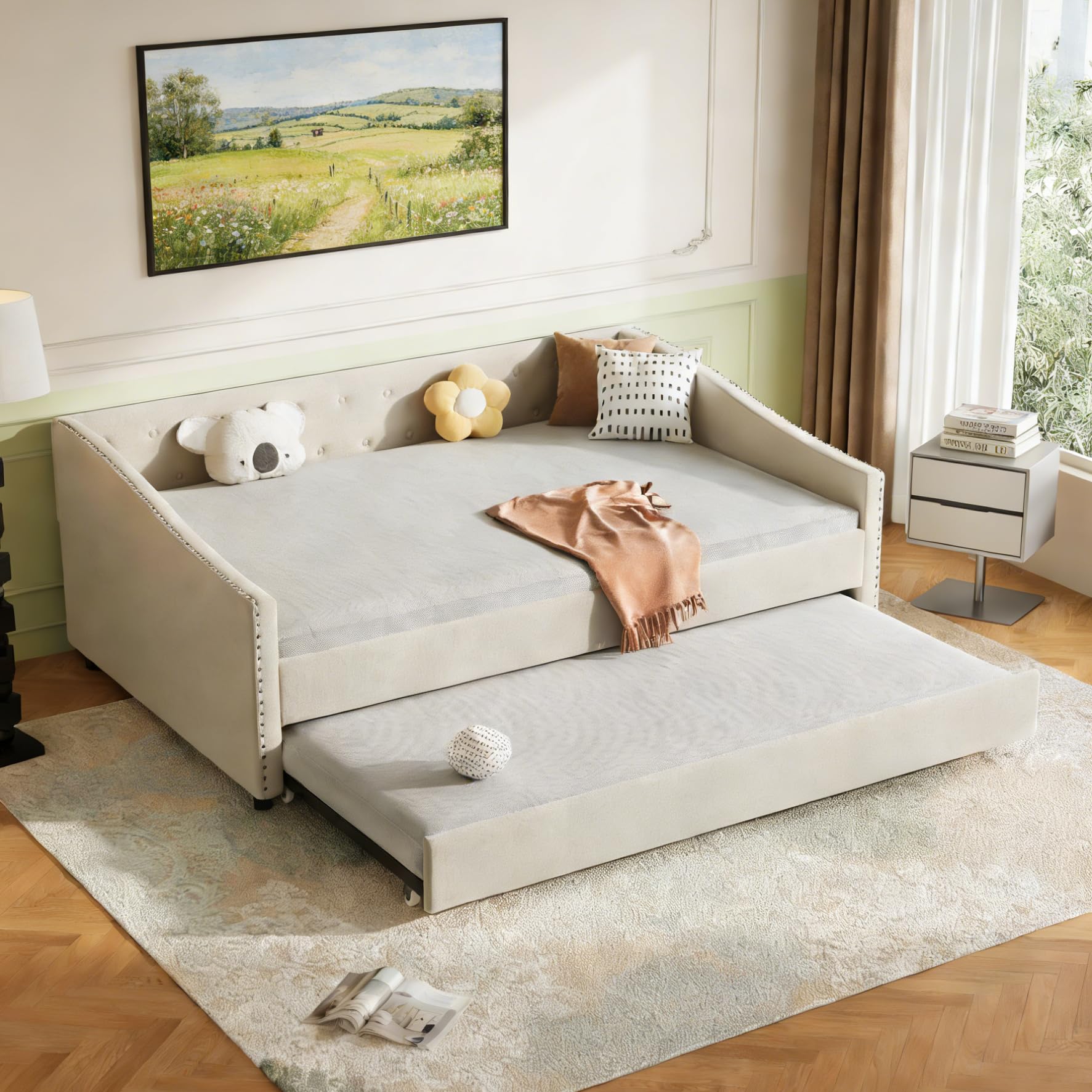 Photo 1 of ** SIMILAR / UNTESTED / NO RETURN *** 
 
FAVSH Upholstered Daybed with Trundle, Full Size Day Bed w/Button-Tufted Back and Piping on Waved-Shape Arms for Bedroom or Guest Room, No Box Spring Required,Beige