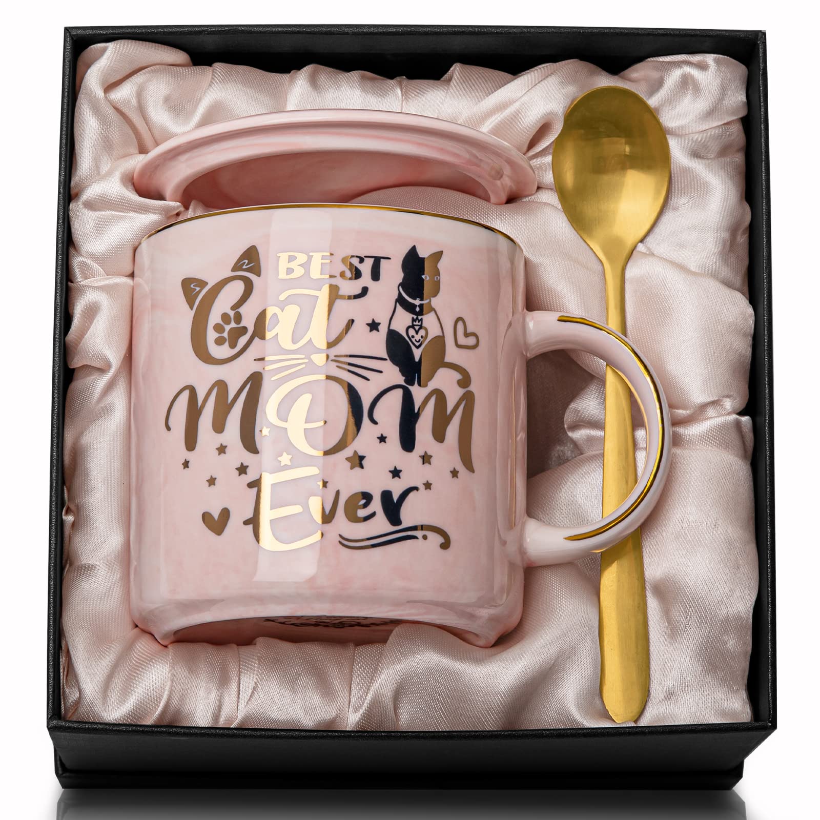 Biching Cat Mum Mug Gifts for Women, Cats Lovers Gifts - 14oz Best Cat Mum Ever Mug - Pink Marble Coffee Cup with Gold Pattern, Microwave Dishwasher Safe, Lid, Golden Spoon, Greeting Card, Gift Box