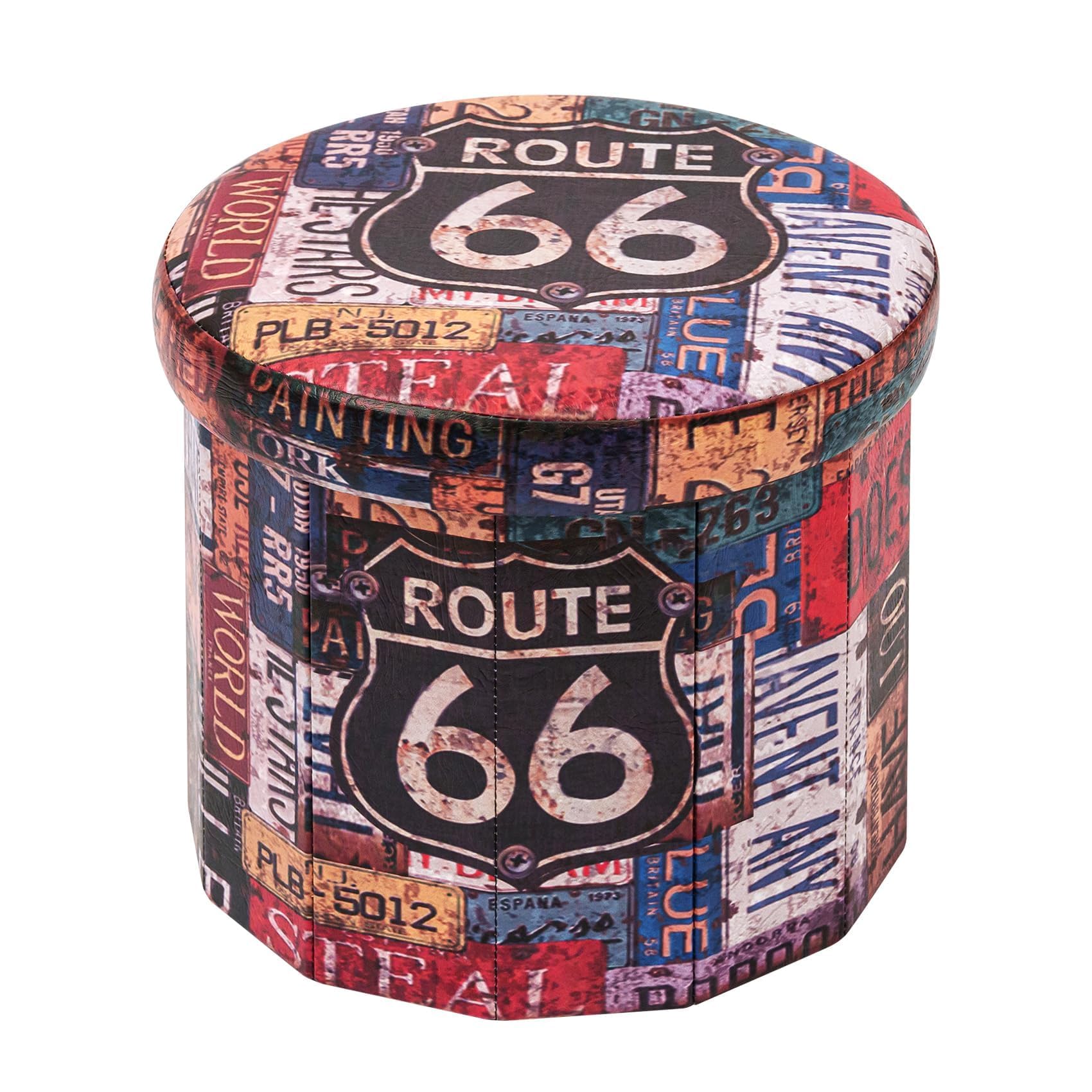 Bonlife Round Ottoman Storage,Folding Storage Organiser Toy Chest,Retro Faux Leather Footrest Stool Seat for Living Room 38cm (Multicoloured)