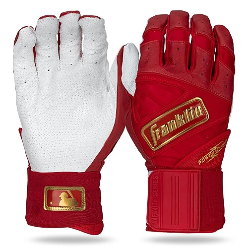 Franklin Sports MLB Batting Gloves - Infinite Powerstrap Baseball + Softball Batting Gloves -Durable Full Wrap Cage Practice Gear - Long Cuff Wrist + Heavy Duty Leather - Adult Large - Red + Gold
