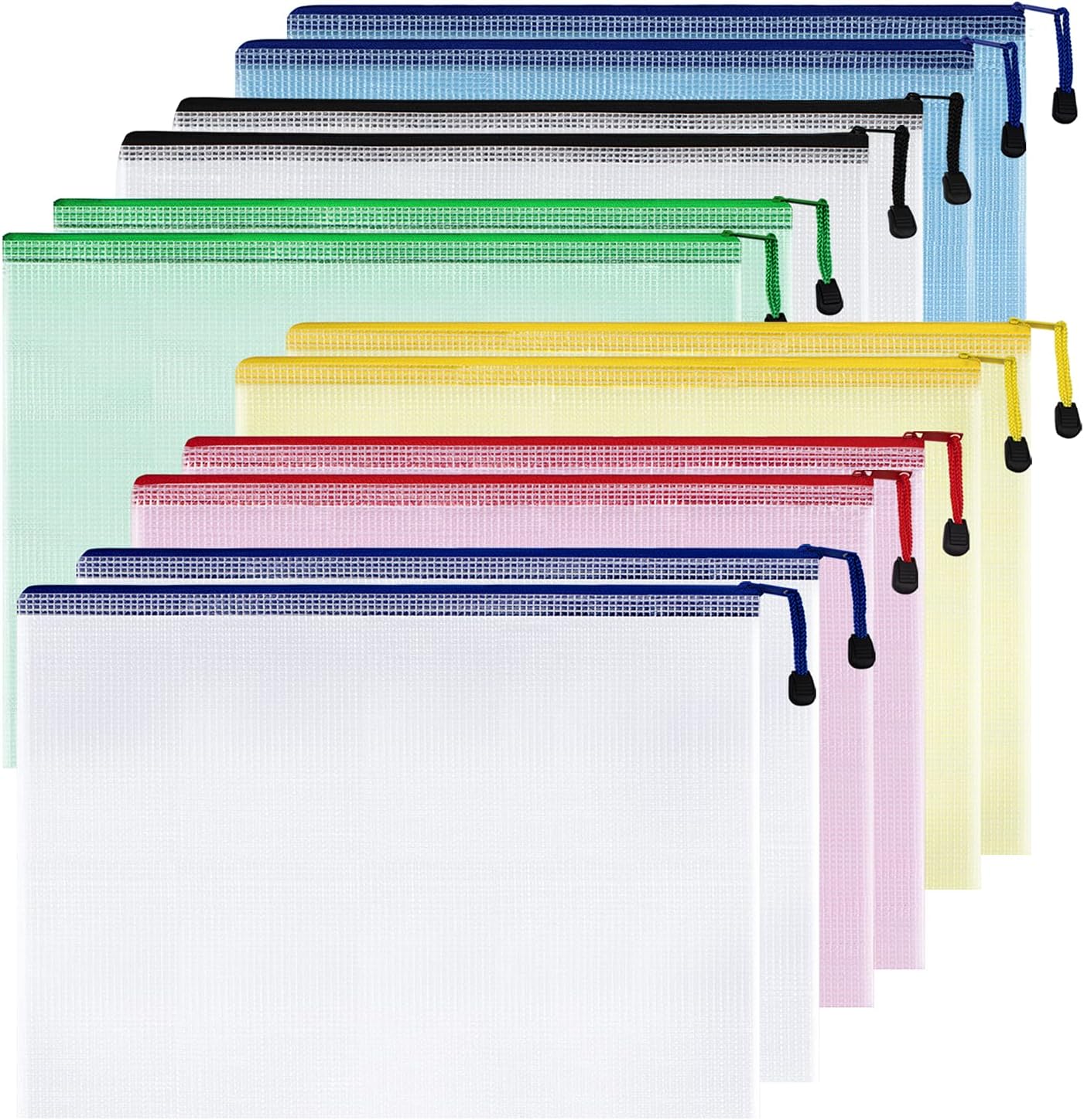 SUNEE Plastic Mesh Zipper Pouch 11x16 in (6 Colors, 12 Packs) Extra Large Zip File Bags for Office Supplies, Cosmetics, Travel Storage, Bills, Accessories, Puzzles & Games Organizing Storage : Office Products