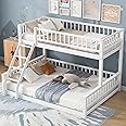 Twin XL Over Queen Bunk Bed for Kids/Adults,Queen Size Floor Bunk Beds with Inclined Ladder,Solid Wood Low Bunk Bed,Detachable Bunk Beds for Teens,Girls,Boys(White)