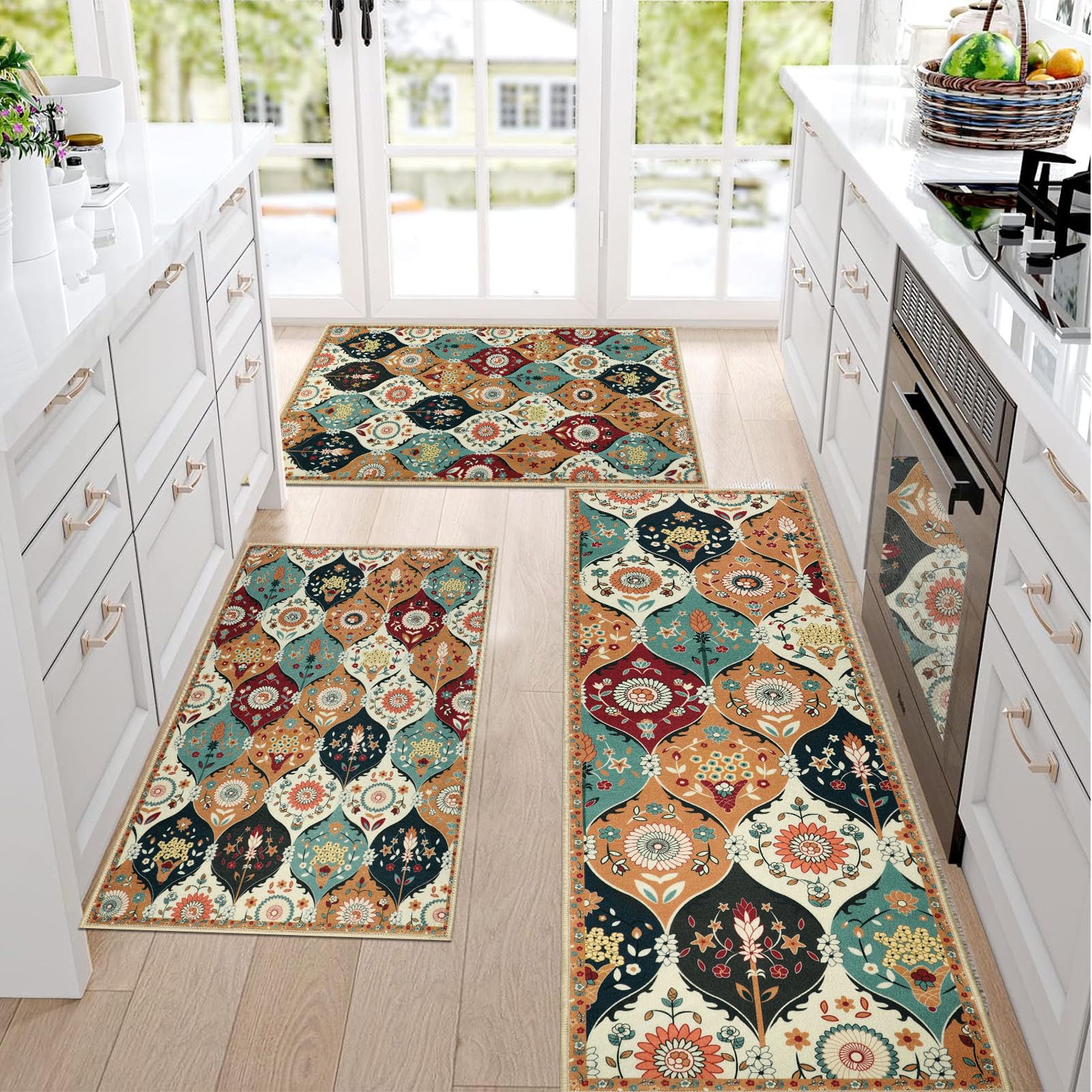 Falflor Moroccan Trellis Kitchen Mats 3 Piece Set Washable Kitchen Rug Sets Non Slip Kitchen Rug and Mats Soft Kitchen Mats for Floor Floral Pattern Doormat for Laundry Entryway Bathroom
