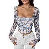 MakeMeChic Women's Long Sleeve Corset Top Graphic Square Neck Fall Retro Vintage Crop Tops