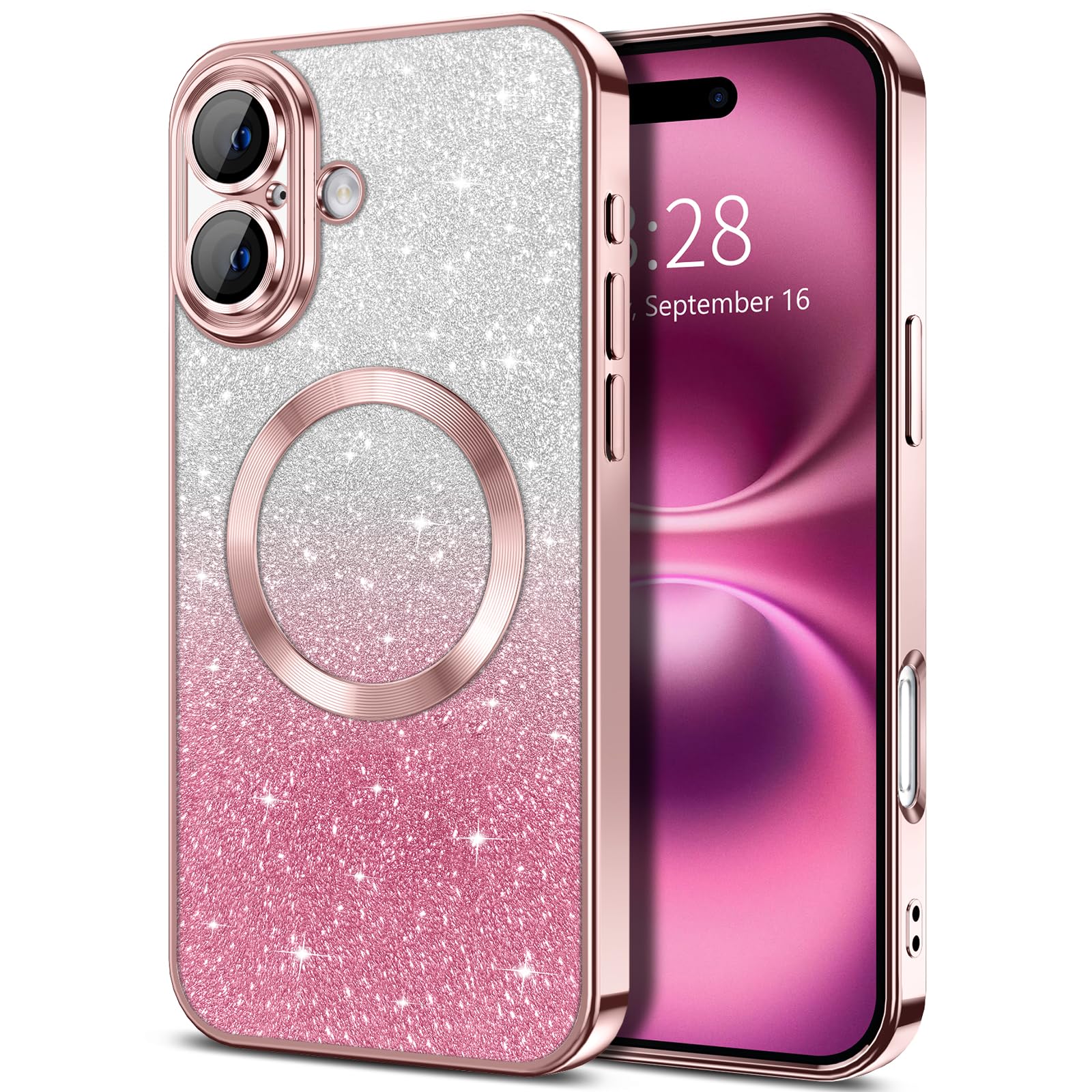 Photo 1 of Hython for iPhone 16 Case Clear Magnetic Glitter Phone Cases [Compatible with MagSafe] Full Camera Lens Protector Slim Gradient Sparkle Luxury Plating Shockproof Protective Cover Women Girls, Pink
