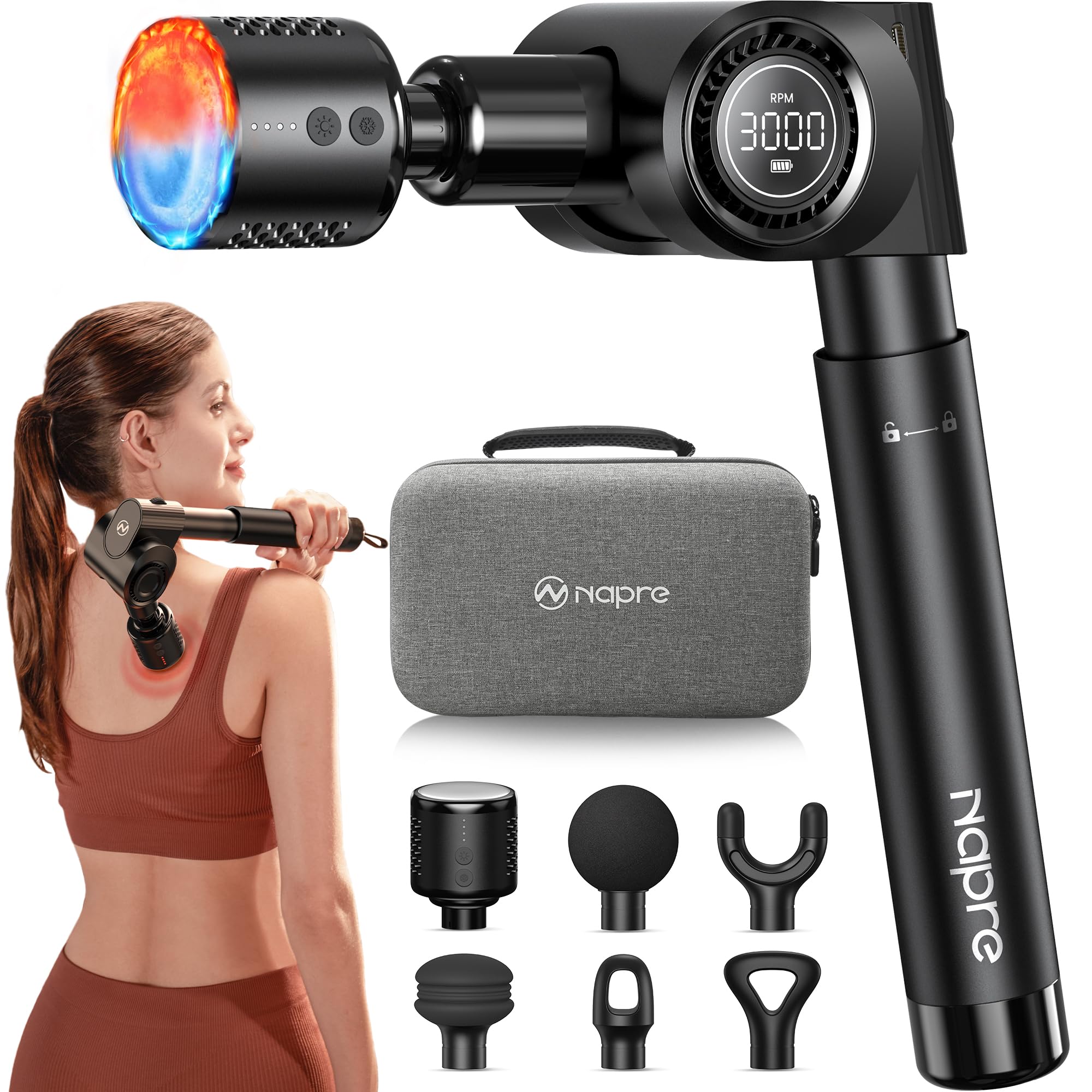 Photo 1 of NAPRE Massage Gun with Heat and Cold Head,Deep Tissue Handheld Percussion Back Massager for Muscle/Neck/Body Pain Relief with Long Extension Retractable Handle,32-Speeds,Foldable,5 Adjustable Angles