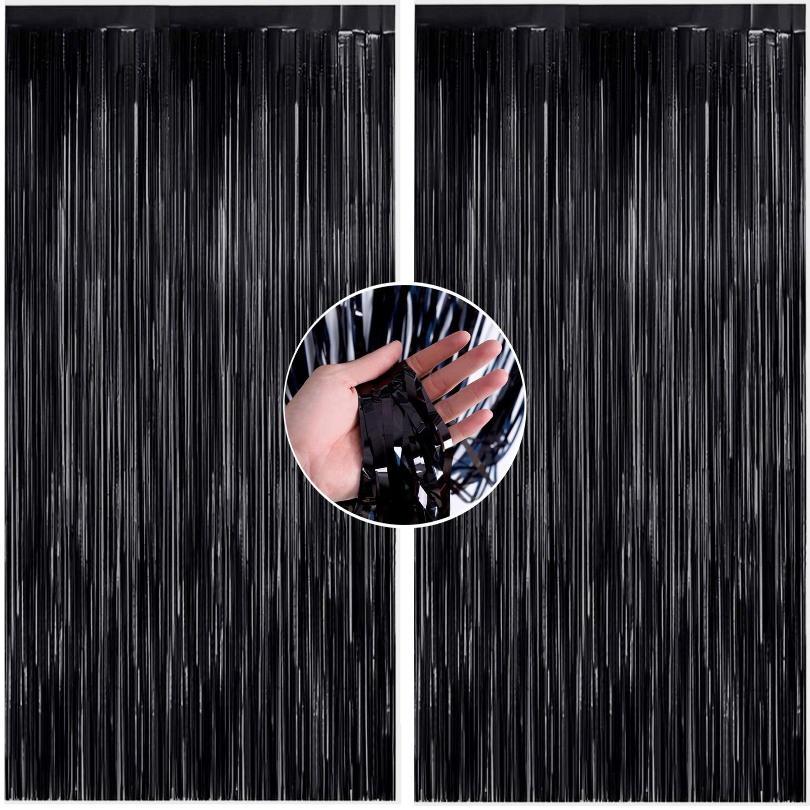 2Pcs 1m*2m Halloween Black Foil Curtain Door Curtain,Metallic Tinsel Curtains Party Backdrop Curtain.Shimmer Curtains,Fringe Backdrop Hanging Streamer for Halloween Xmas Birthday Wedding Prom Party