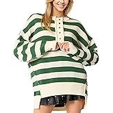 InterNos Women's Long Sleeve Striped Pullover Sweater Button Down Henley Style Knit Sweatshirt Jumper Tops