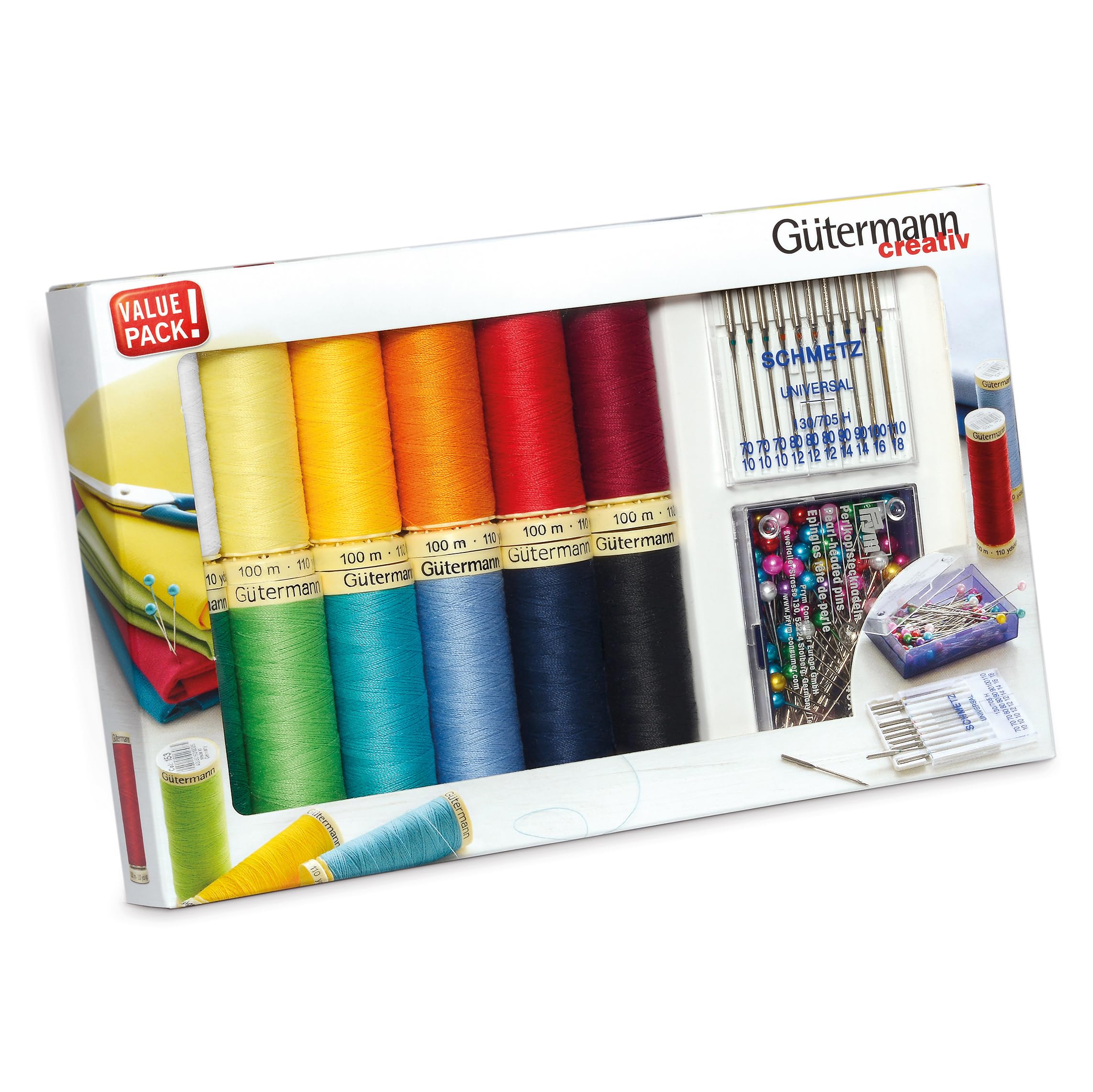 Gütermann creativ Sewing Thread Set with 12 spools Sew-All Thread 100 m in Strong Colours + Pins by PRYM and 10 Sewing Machine Needles by SCHMETZ