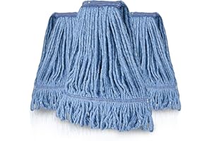 ZALIK (3 Pack) Mop Head Replacement, Mop Heads Commercial Blue Cotton Looped End String, Wet Industrial Cleaning Mophead Replacements Refill, Reusable Washable Mops for Floor Cleaning Heavy Duty Mopheads