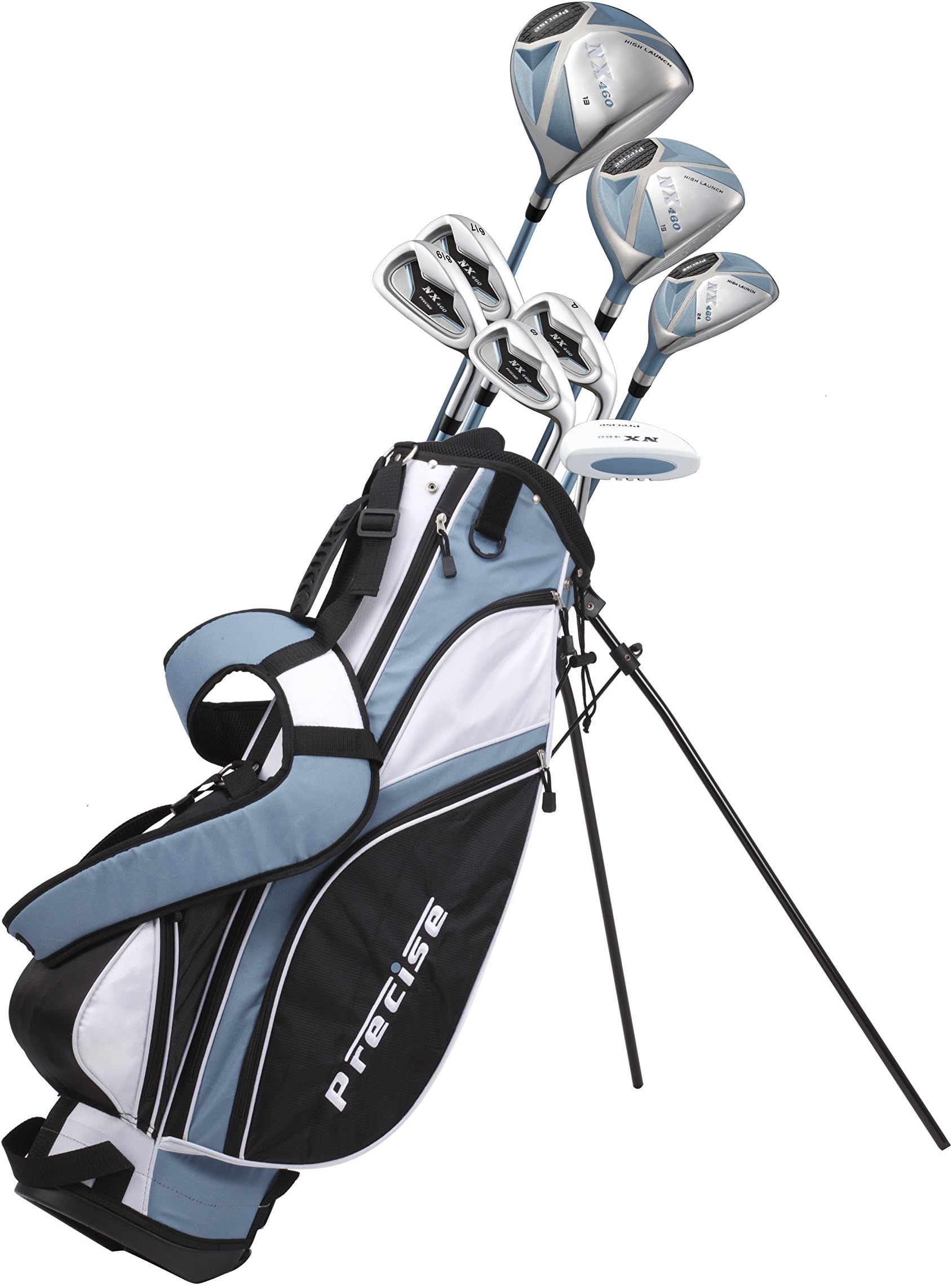 Precise NX460 Ladies Womens Complete Golf Clubs Set Includes Driver, Fairway, Hybrid, 4 Irons, Putter, Bag, 3 H/C's - 2 Sizes - Regular and Petite Size!