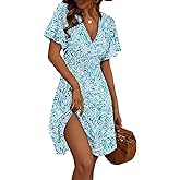 FENSACE Womens Sundress Summer Floral Short Sleeve Wrap V Neck A-Line Midi Dress