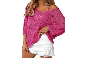 KISSMODA Women Spring Summer Fall Crochet Hollow Out 3/4 Sleeve Pullover Sweater Off Shoulder T-Shirts