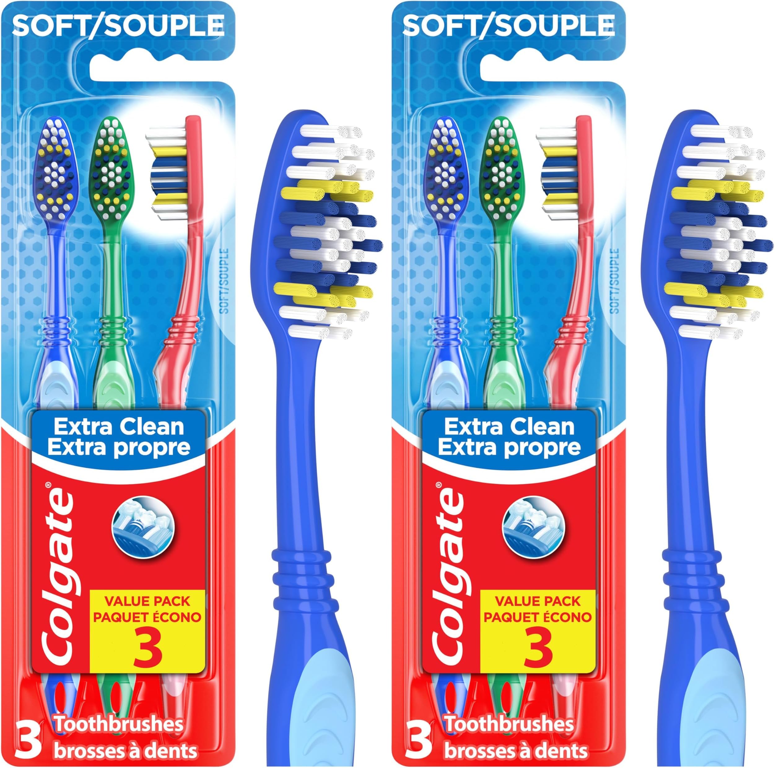 Colgate Extra Clean Toothbrush, Soft Toothbrush for Adults, 3 Count (Pack of 2)
