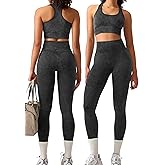OLCHEE Womens Workout Sets 2 Piece - Acid Wash Seamless Yoga Outfits High Waist Leggings Padded Racerback Sports Bra Gym Set
