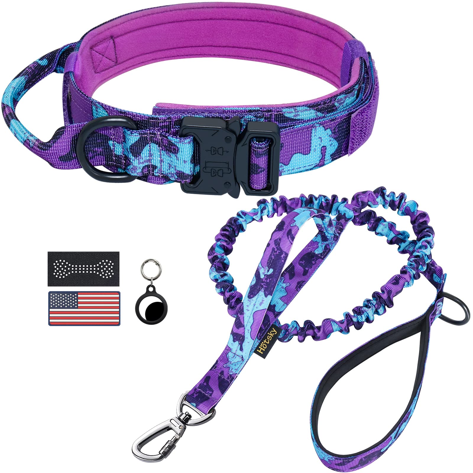 Photo 1 of Hotsky Tactical Dog Collar and Leash Set, Heavy Duty Military Airtag Dog Collar with Handle and Metal Buckle for Training and Walking, with Airtag Holder and Two Patches (Purple Camo, L)