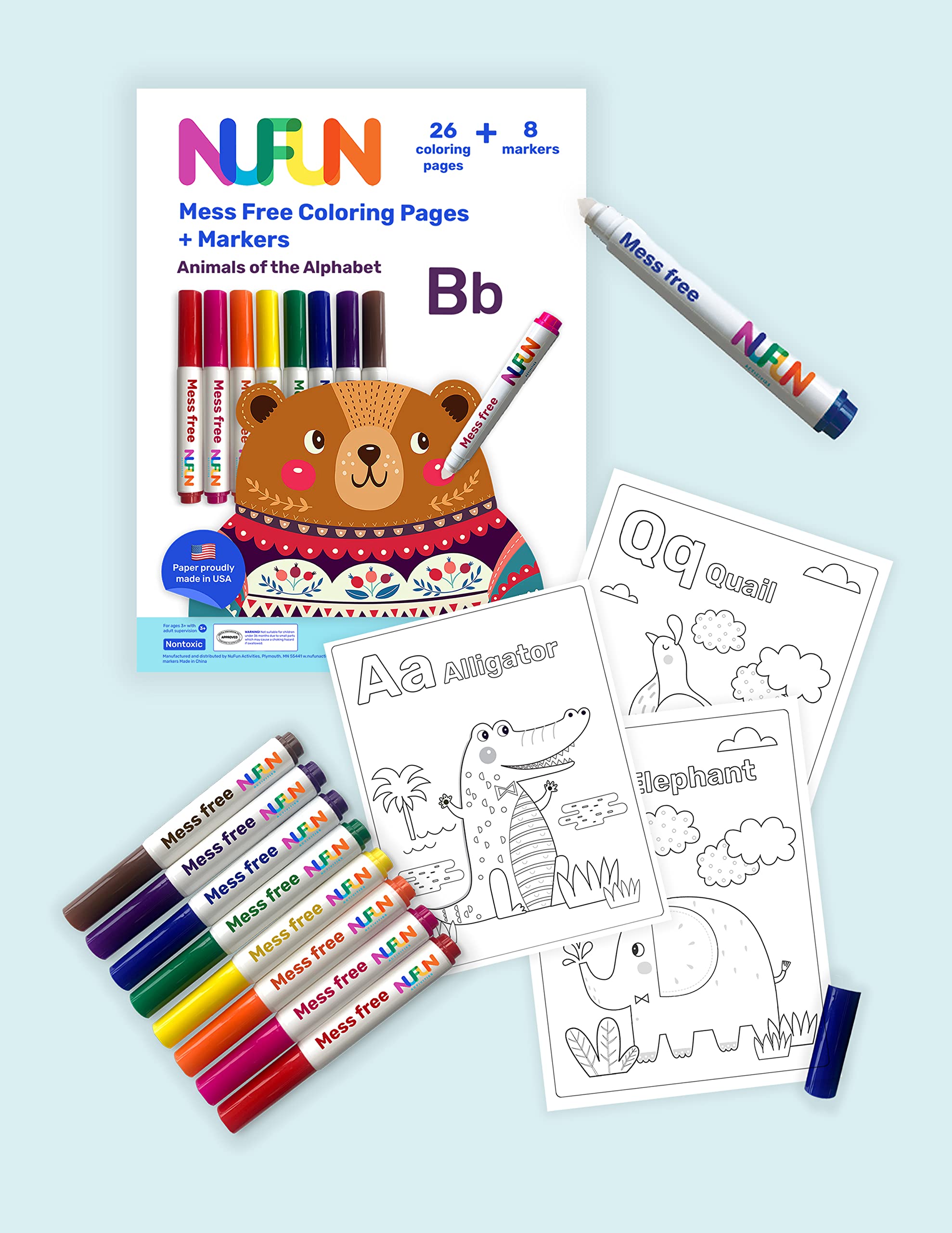 NuFun Activities Mess Free Coloring Set - Animals of The Alphabet, Kids Create No Mess Wonders with Special Coloring Paper, Gift for Toddlers and Kids, 26 Preprinted Pages and 8 Markers