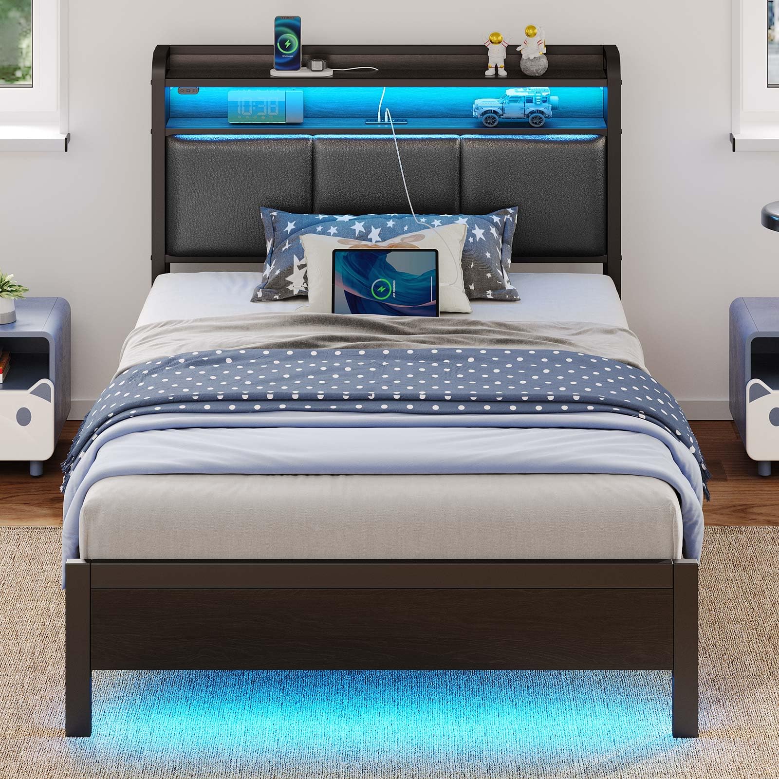 Photo 1 of Rolanstar Bed Frame Twin Size with Charging Station and LED Lights, PU Leather Headboard with Storage Shelves, Heavy Duty Metal Slats, No Box Spring Need, Noise Free, Easy Assembly, Black