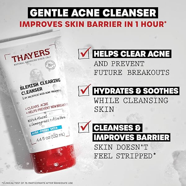 THAYERS BLEMISH CLEARING FACE CLEANSER WITH 1.5% SALICYLIC ACID, ACNE TREATMENT FACE WASH, SOOTHING AND NON-STRIPPING SKIN CARE, 4.4 FL OZ