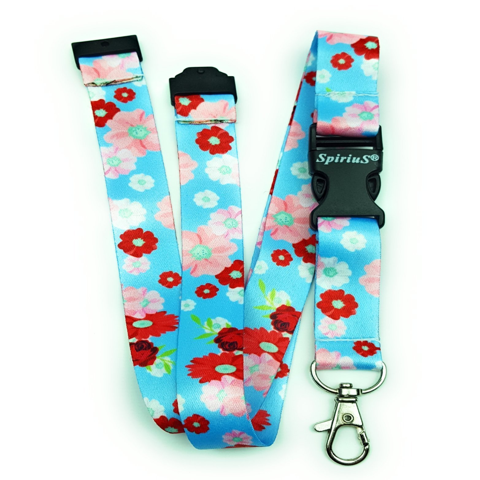 SpiriuS Neck Strap Lanyard with Strong Metal Clip for ID Badge Holder, Key Holder (Flowers in Blue)