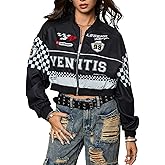 Verdusa Women's Plaid Colorblock Cropped Motorcycle Jacket Hip Hop Streetwear Zip Up Outerwear