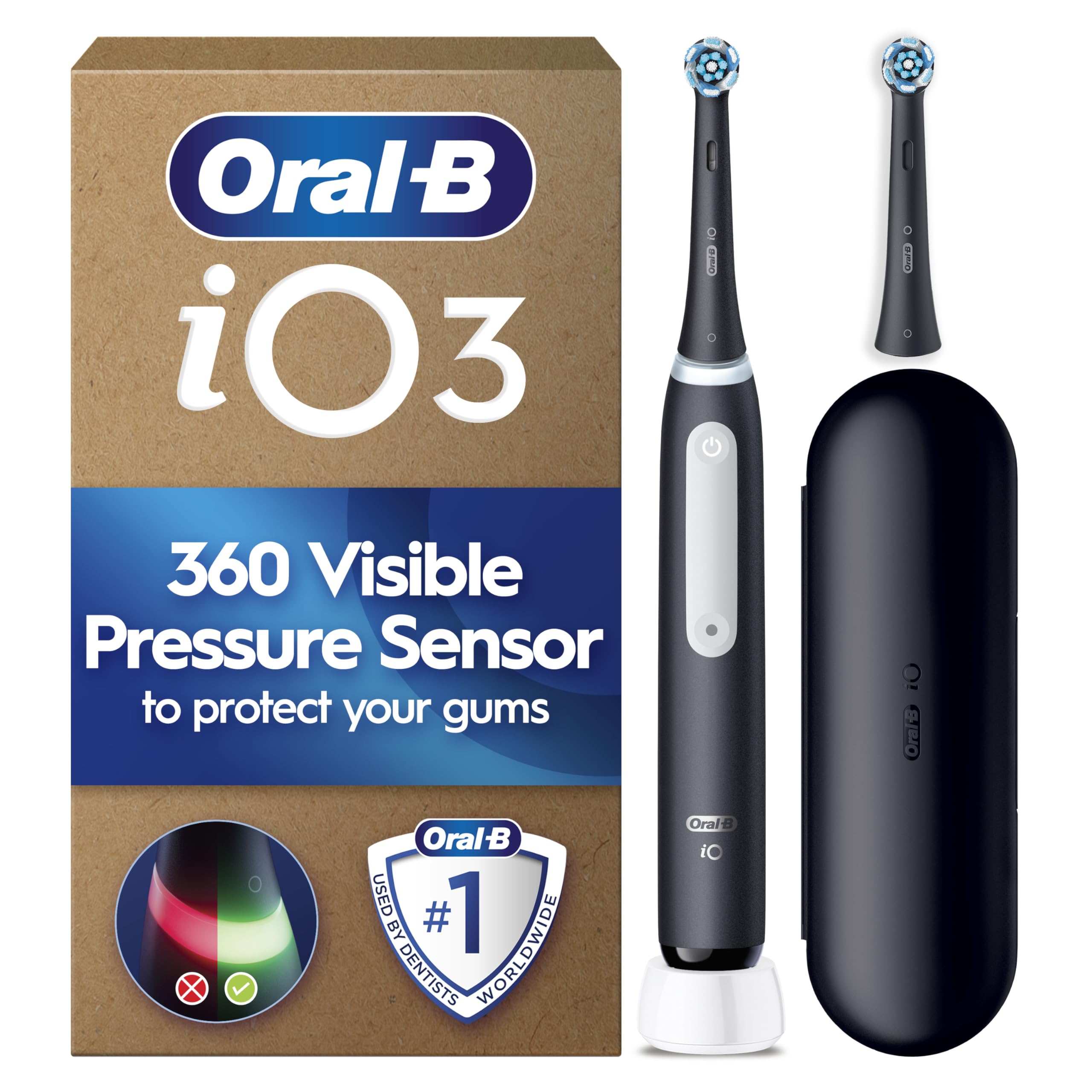 Oral-B iO3 Electric Toothbrush for Adults, Matt Black, Pressure Sensor, With 2 Toothbrush Heads, Long-Lasting Battery with Travel Case for Home and Travel, 2 Pin Plug