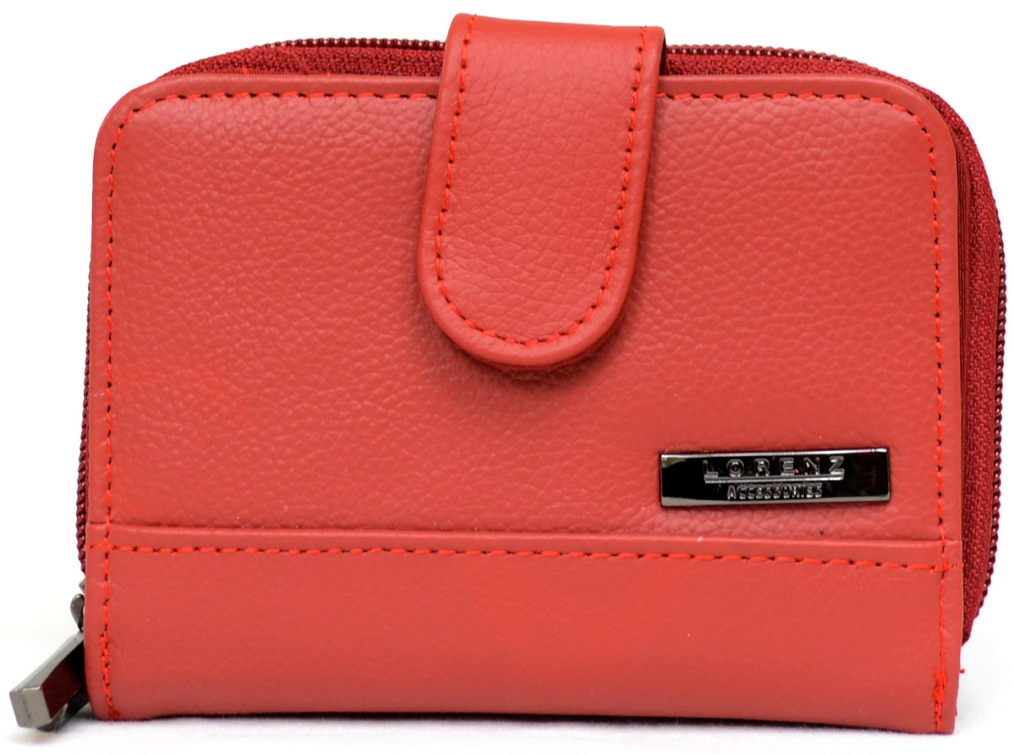 Womens RFID Genuine Leather Bi-Fold Money/Credit Card/Coin Holder Purse with 2 Zipped Compartment - Red