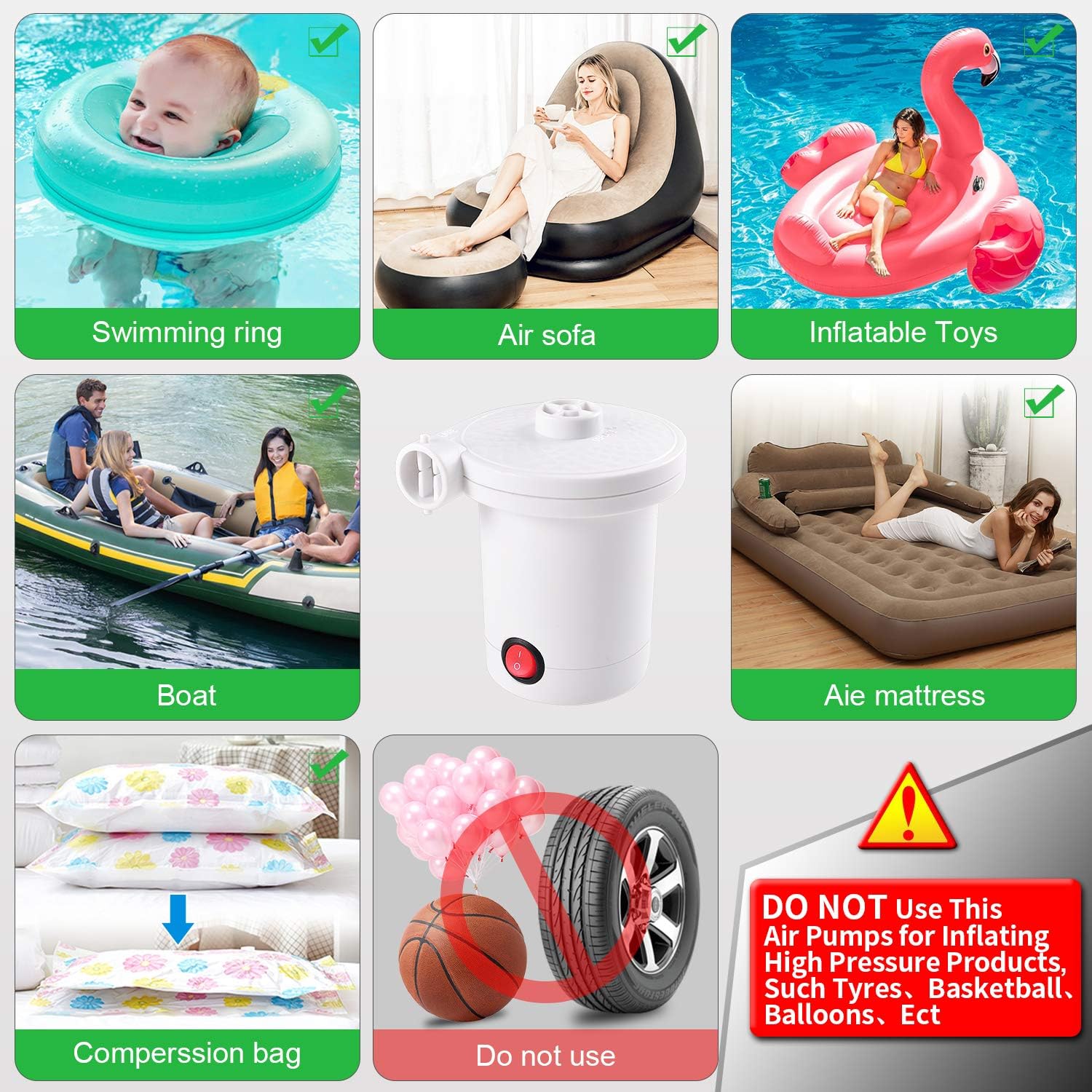 chamvis Mini Electric Air Pump,Portable AC/DC Electric Pump with 3 Nozzles for Inflatables for Air Mattress Exercise Ball Inflatables Bed Boat Pool Toy Raft Pump(White): Home & Kitchen
