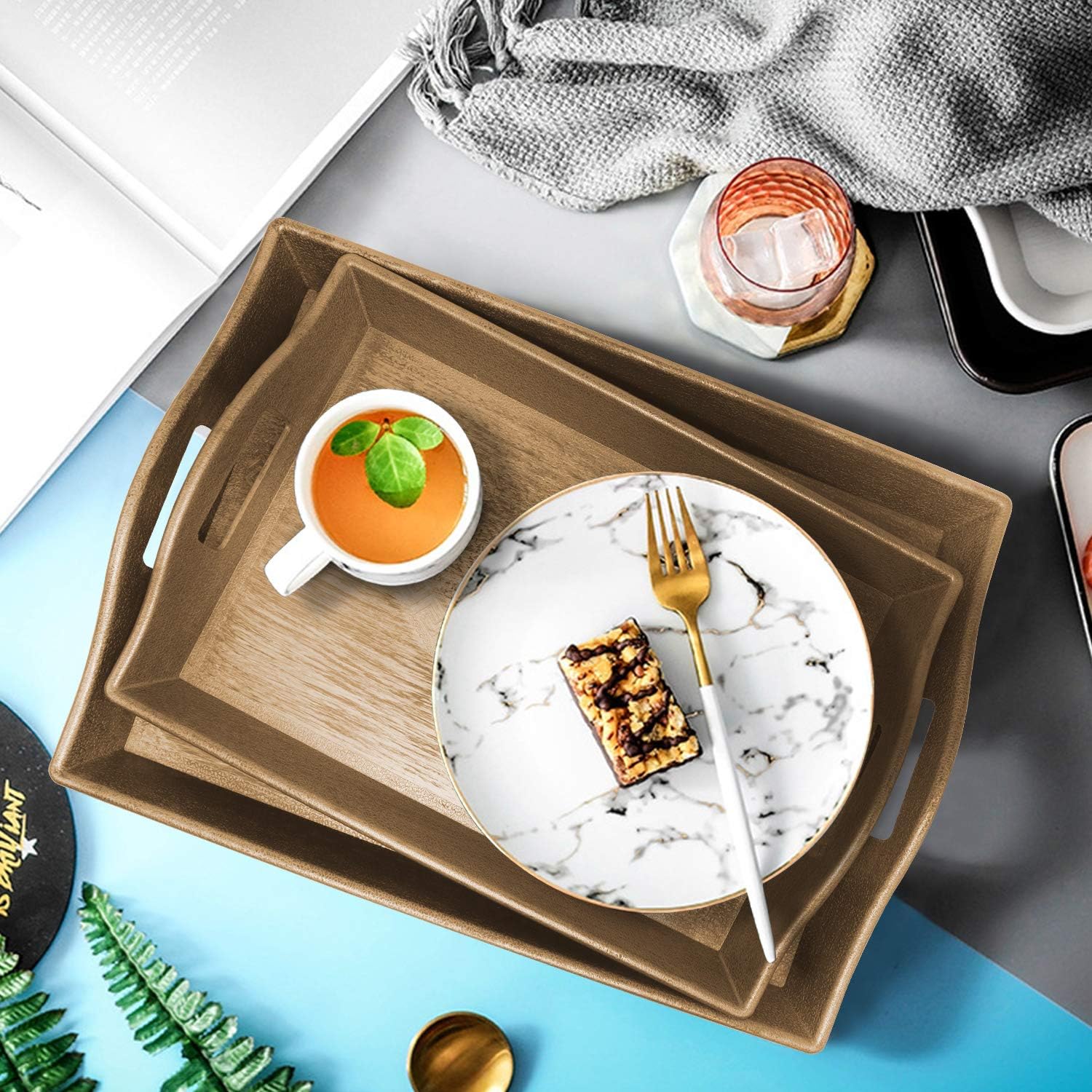  | Set of 3 Large Serving Trays w/Handles Nesting Breakfast Serving Trays Afternoon Tea Tray Decorative Rectangular Display Tray Set Nested Food Tray Butler Serving Tray for kitchen Party Dinner Snack: Serving Trays