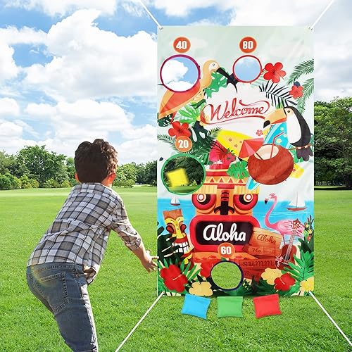 Hawaiian Aloha Toss Game Banner with 4 Pcs Bean Bags, Hawaiian Luau Summer Beach Aloha Tiki Themed Bean Bag Game Sets for Kids Party Favors, Hawaiian Party Decorations Kids Throwing for Outdoor Indoor