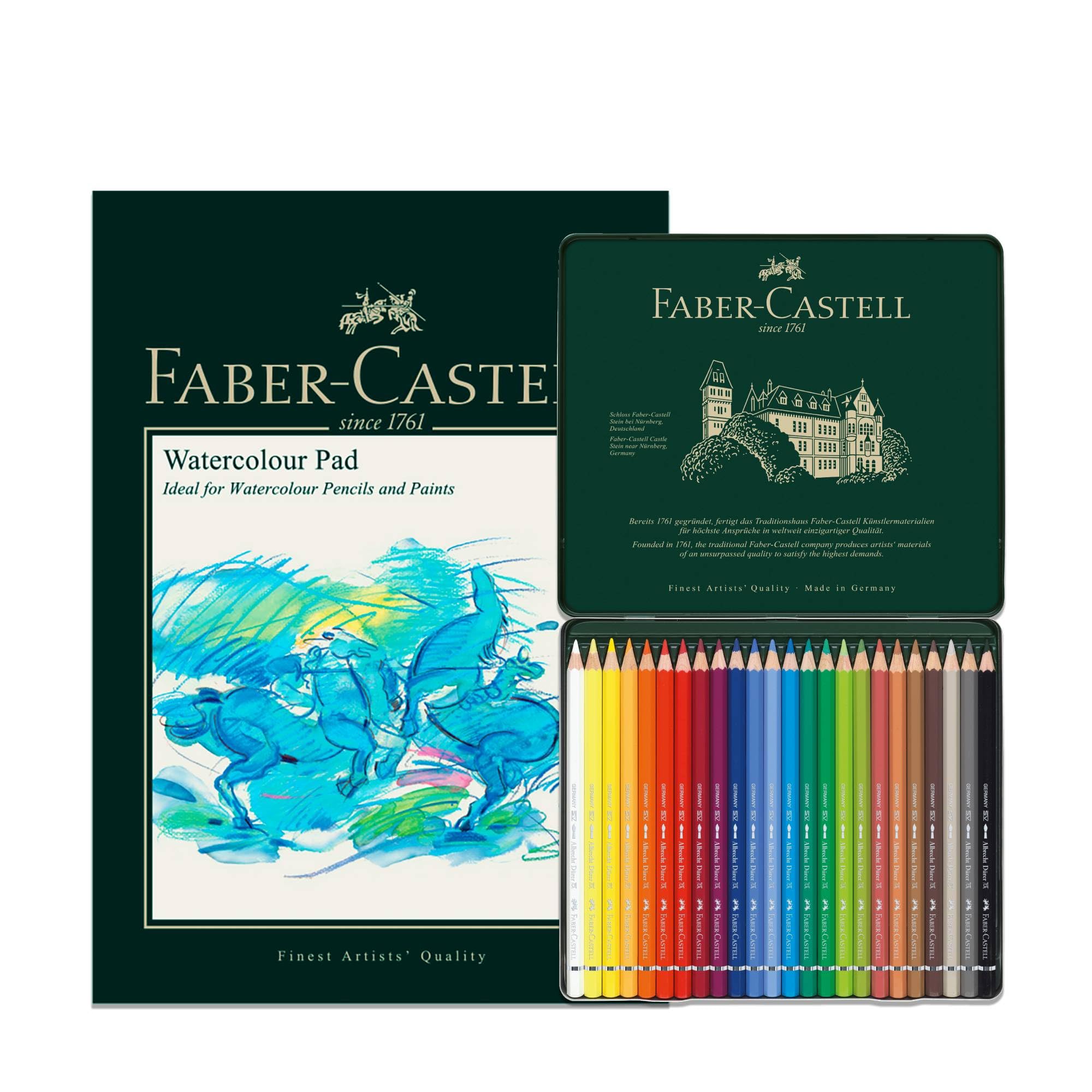 Faber-Castell A4 Watercolour Pad & Tin of 24 Albrecht Dürer Watercolour Pencils, Art Set Adult Colouring Books, Craft Supplies, Drawing, Sketching, Lightfast, Schools, Home, College
