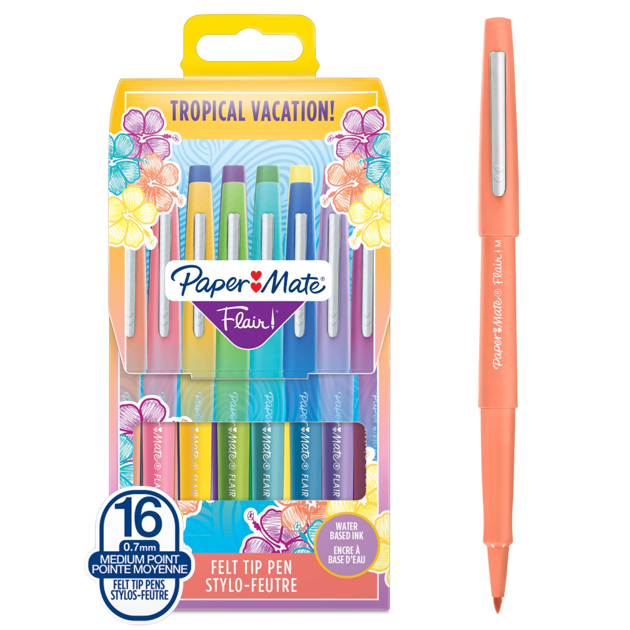 Paper Mate Flair Felt Tip Pens | Medium Point (0.7 mm) Marker Pens | Assorted Tropical Vacation Colouring Pens | For Kids & Adult Colouring, Journalling & More | 16 Count