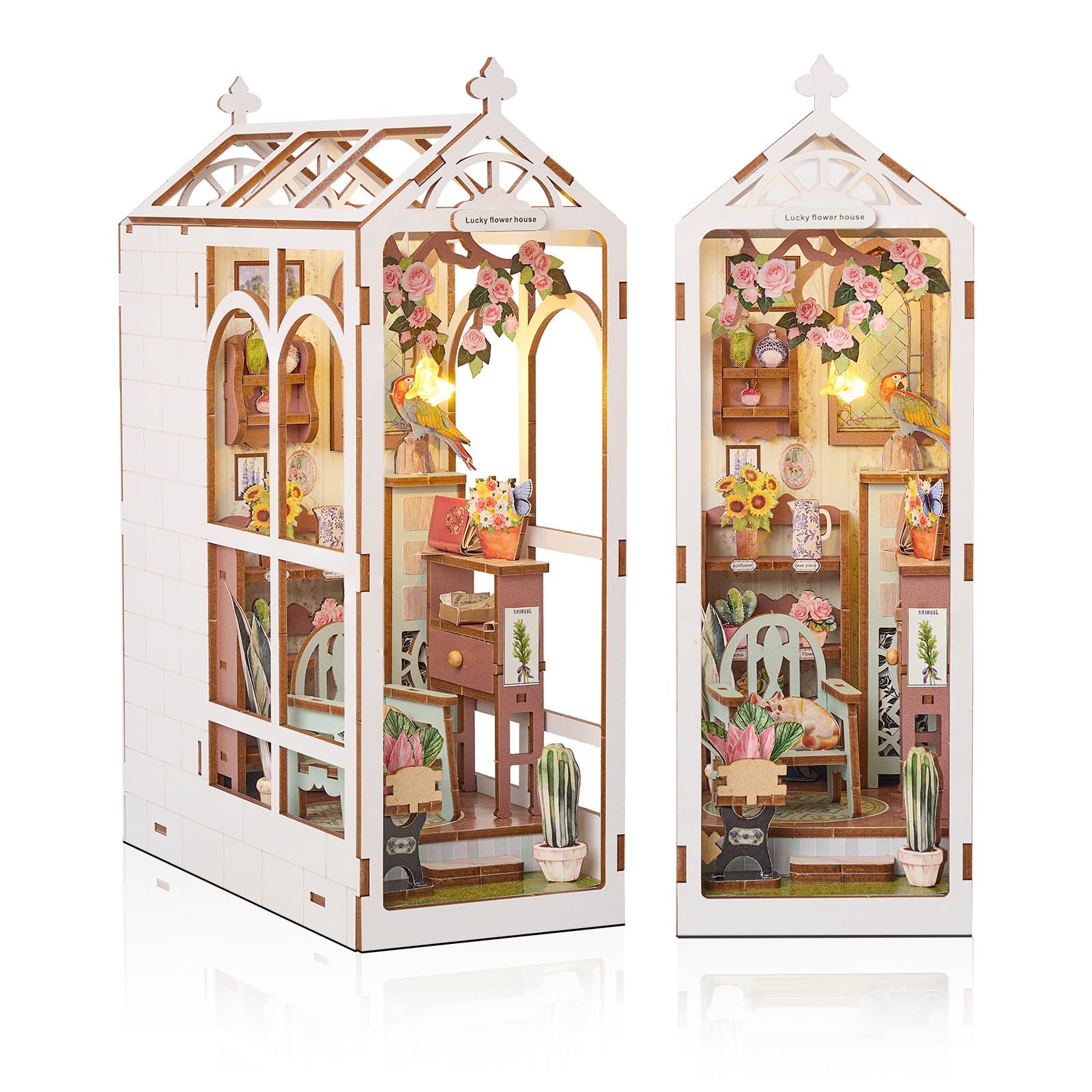 Cuteefun DIY Book Nook Kit, DIY Miniature Dolls House, Bookend Shelf Insert, Wooden Book Nook Dollhouse Kit for Adults to Build, Make Your Own Craft House Model (Garden House)