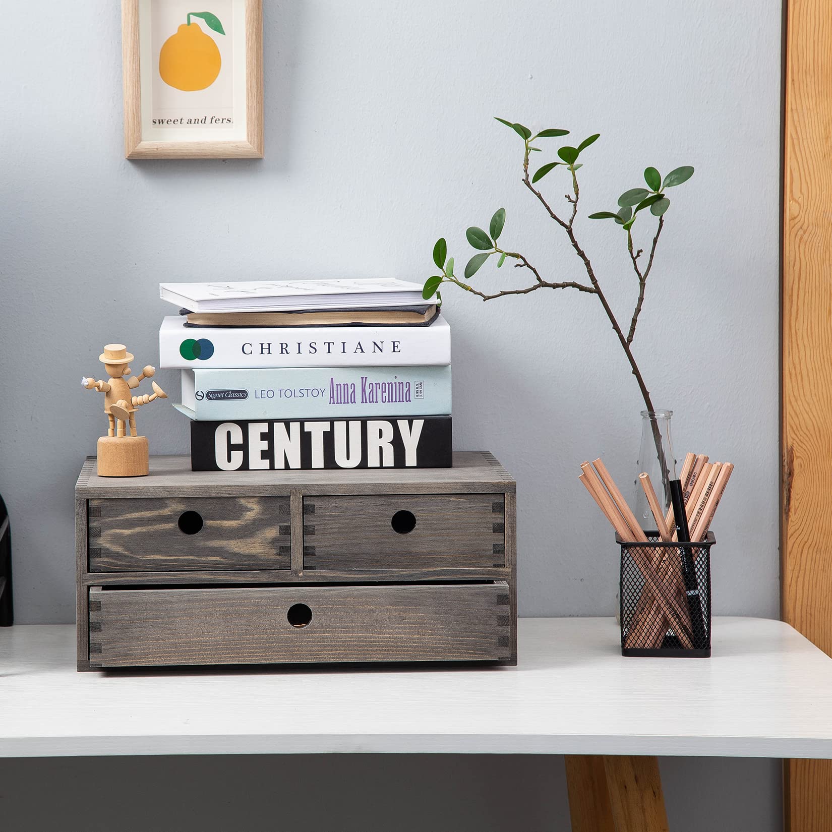 Photo 1 of ExoLiry Rustic Stone Gray Wood Desk Storage Cabinet with Drawers Round Cutout Handles Countertop Wooden Organizer Table Top Stand Box Holder Jewelry Keepsake Caddy Mini Dresser Home Office Farmhouse