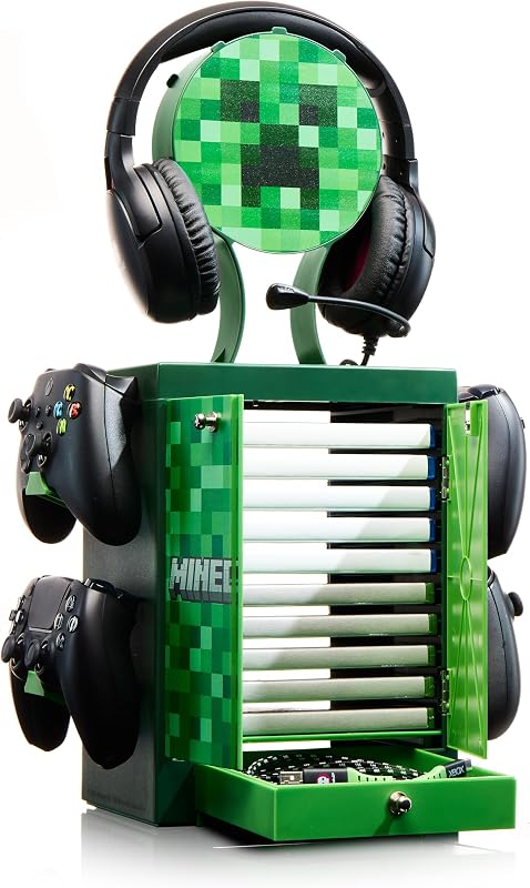 Taquilla y Soporte de Almacenamiento Oficial de Minecraft – Capacidad para 10 Juegos/DVDs, 4 Mandos, Auriculares y Accesorios – Organizador Resistente – Merchandising Oficial de Minecraft