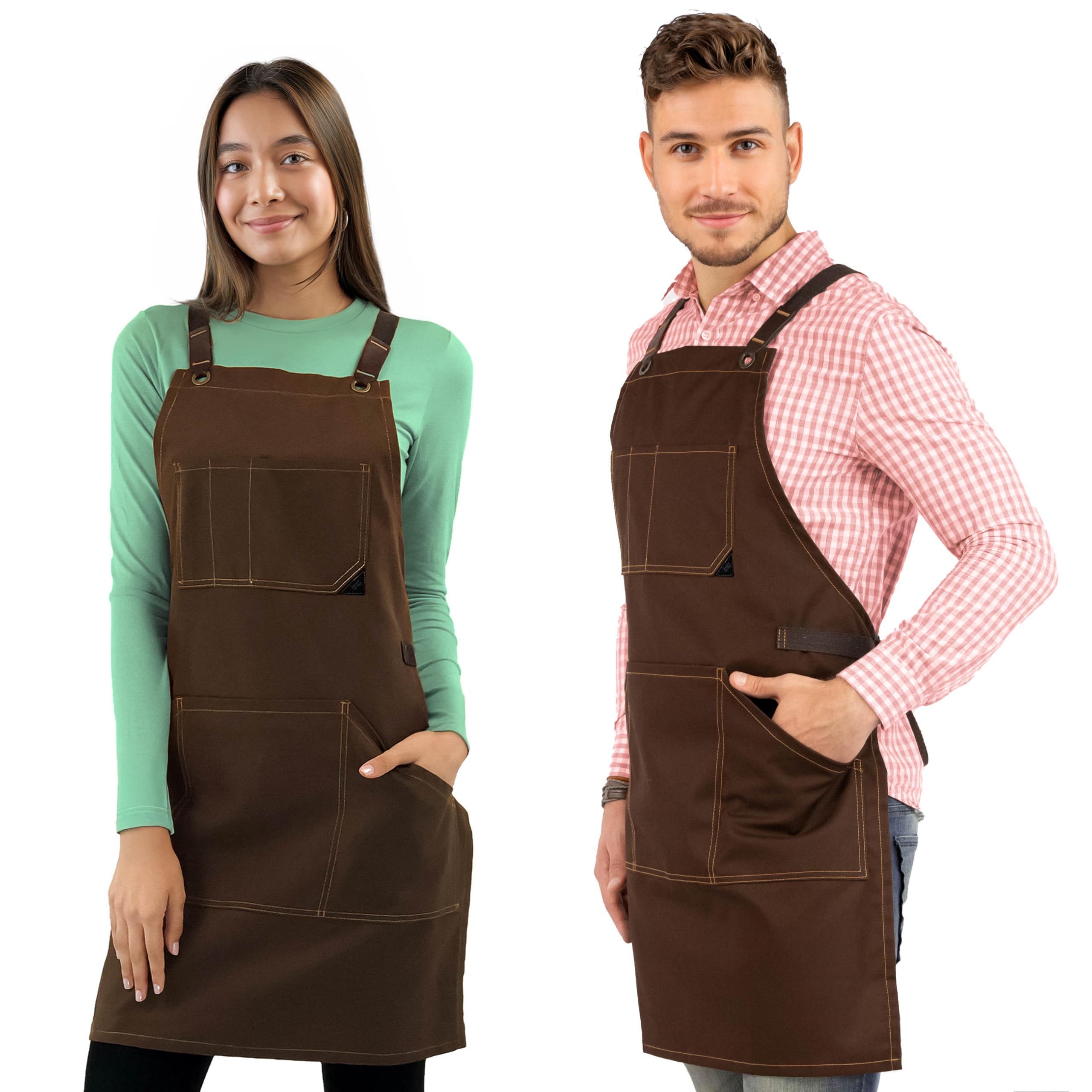 Under NY Sky Essential Chocolate Brown Apron – Cross-Back with Durable Twill and Leather Reinforcement, Adjustable for Men and Women – Pro Chef, Tattoo Artist, Baker, Barista, Bartender, Server Aprons