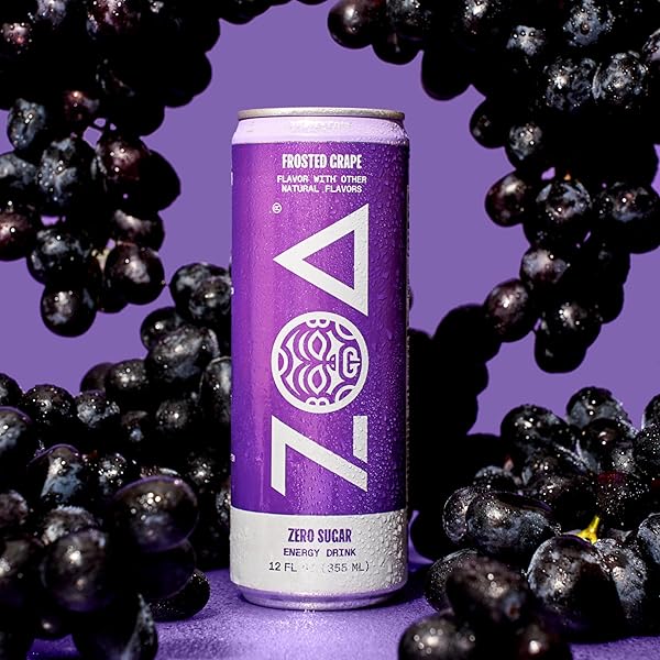 ZOA ZERO SUGAR ENERGY DRINKS, FROSTED GRAPE – SUGAR FREE WITH ELECTROLYTES, HEALTHY VITAMIN C, AMINO ACIDS, ESSENTIAL B-VITAMINS, AND CAFFEINE FROM GREEN TEA – 12 FL OZ (12-PACK)