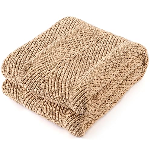 CloudDwelling Chenille Knit Throw Blanket Fluffy Fuzzy Soft Lightweight Cozy Farmhouse Chunky Knitted Throws for Couch Sofa Bed (Camel, 60"x80")