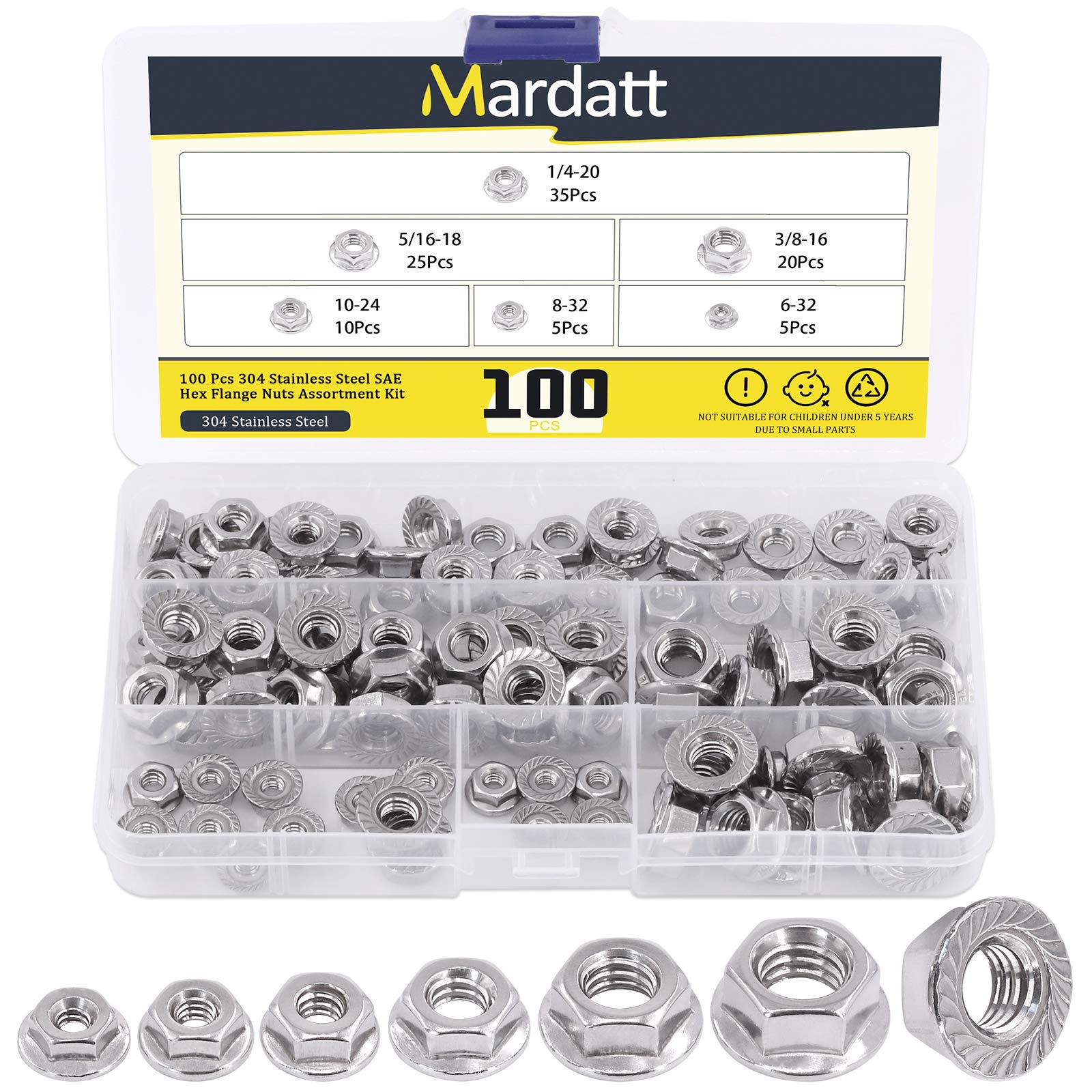 Mardatt 100pcs 6 Sizes 1/4"-20, 5/16"-18, 3/8"-16, #10-24, #8-32, #6-32 SAE 304 Stainless Steel Serrated Hex Flange Nuts Assortment Kit