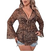 GORGLITTER Women's Plus Size Mesh Bell Sleeve Top 70s Tie Front Paisley Boho Peplum Babydoll Tops Blouse