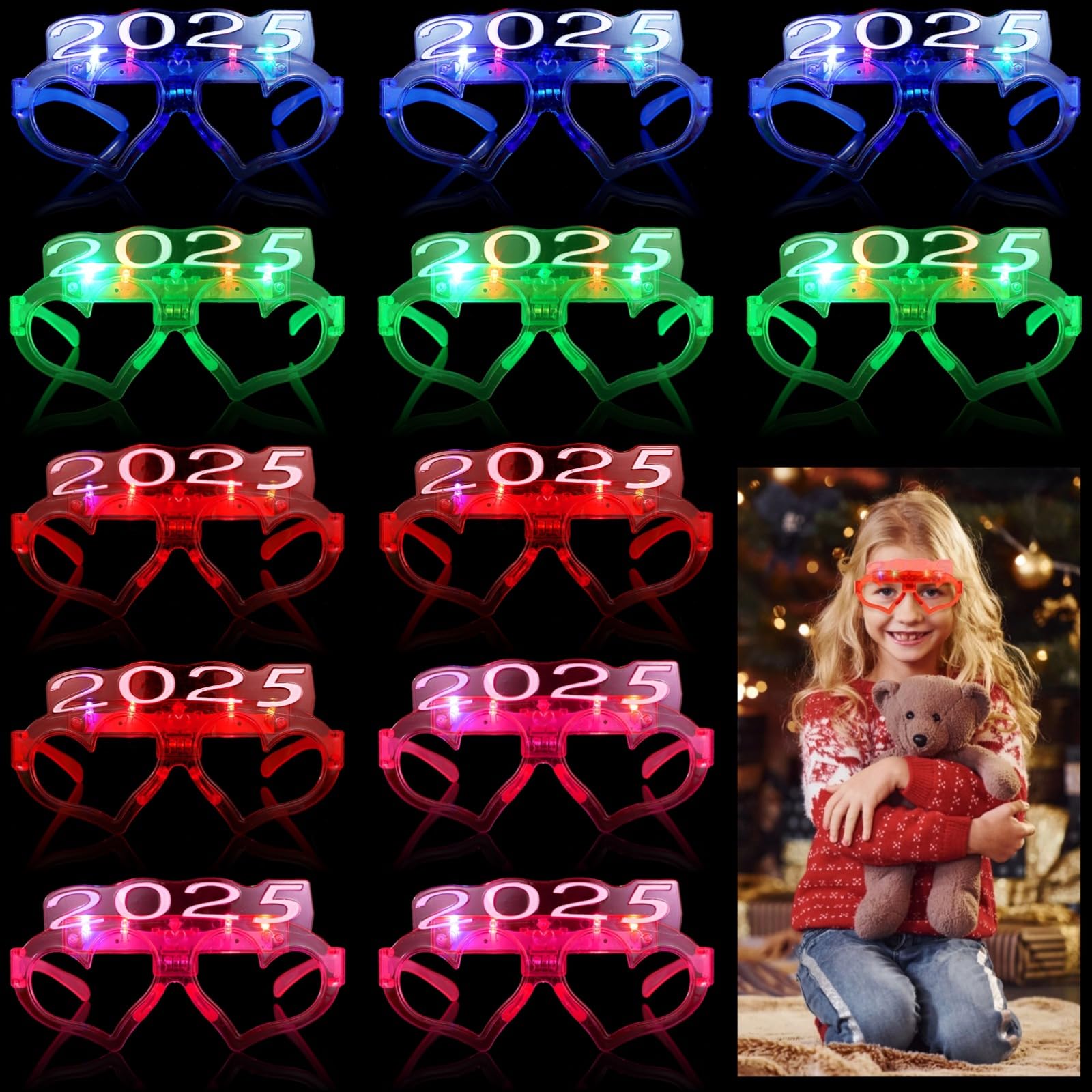 12Pcs 2025 LED Light up Glasses, New Year Glow in the Dark Party Supplies LED Glasses, Colorful Flashing Fancy Party Eyeglasses for Kids Adult Favors Decorations (2025 Love)