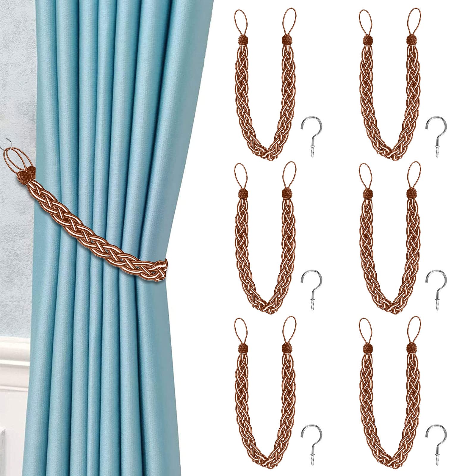 VEGCOO 6 Pieces Hand Knitting Curtains Tied Rope Simple Type Curtain Tie Backs with 6 Pieces Metal Curtain Tieback Hooks for Window Curtain Accessories (Brown)