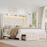 Queen Bed Frame 55" Tall Headboard with LED Lights, Buttons Tufted Velvet Upholstered Platform Bed Frame with 2 Storage Drawers, Wood Slats Support Mattress Foundation, No Box Spring Needed, Beige
