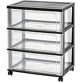 IRIS USA Plastic Drawer Storage Organizer Rolling Cart, with Wheels Casters, 3-Drawers, for Art Craft Supplies Bathroom Dorm Bedroom Laundry Room, Wide, Black