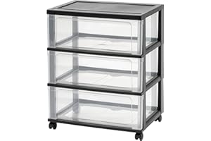 IRIS USA Plastic Drawer Storage Organizer Rolling Cart, with Wheels Casters, 3-Drawers, for Art Craft Supplies Bathroom Dorm Bedroom Laundry Room, Wide, Black