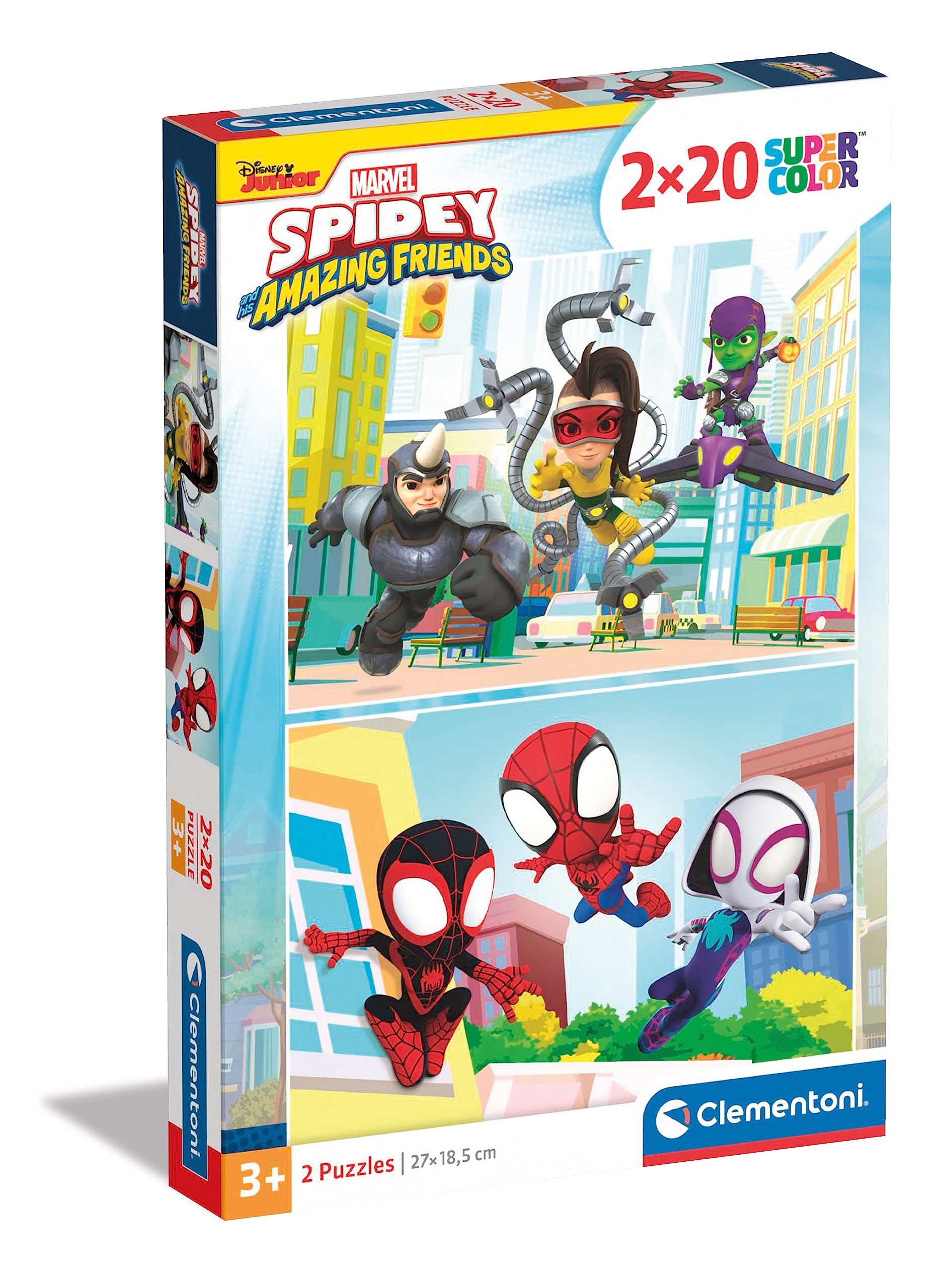Clementoni 24794 2x20pcs Supercolor Marvel Spidey and His Amazing Friends-2 X 20-Piece Jigsaw Puzzle for Kids Age 3, Multicolor, Medium